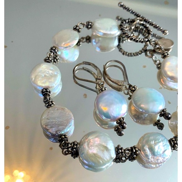 Sterling Silver Mother of Pearl Bracelet Matching Earrings Set Donna Dressler